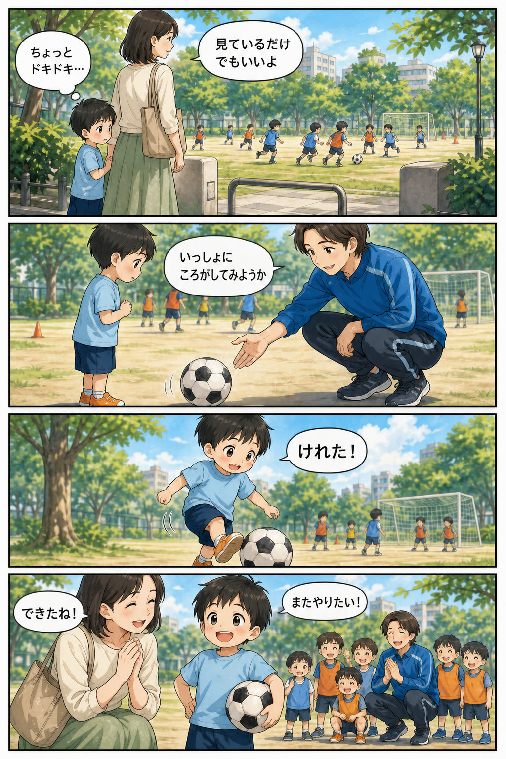 初めてのサッカー体験に緊張する子どもが、コーチと一緒にボールを蹴って笑顔になるイメージ漫画