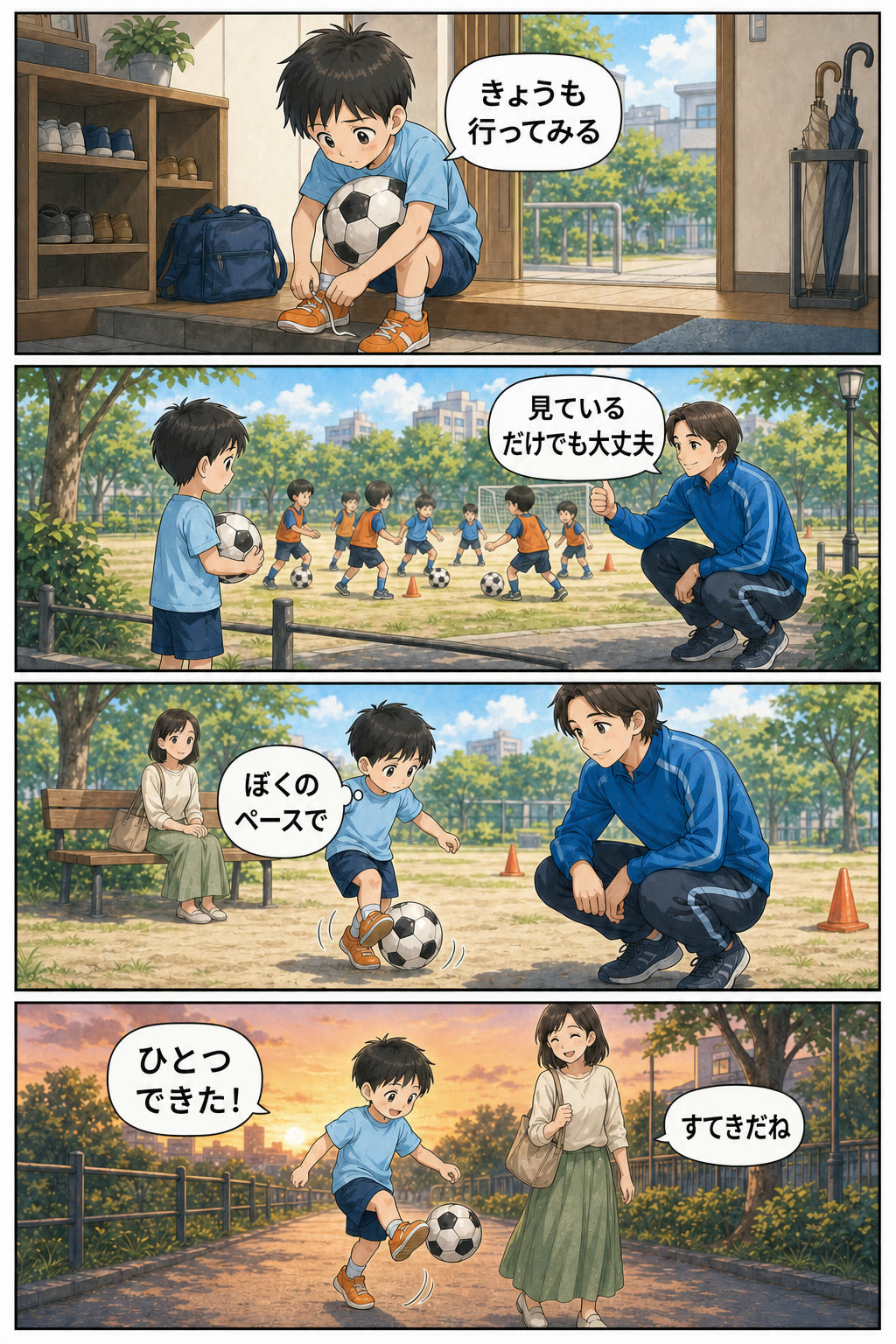 子どもが自分のペースでサッカーボールに触れ、小さな一歩を楽しむイメージ漫画
