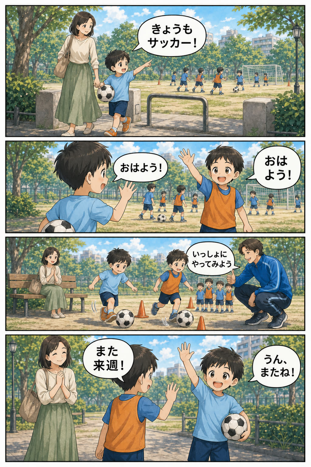 地域の公園サッカーで友達と挨拶し、一緒に活動を楽しむ子どものイメージ漫画