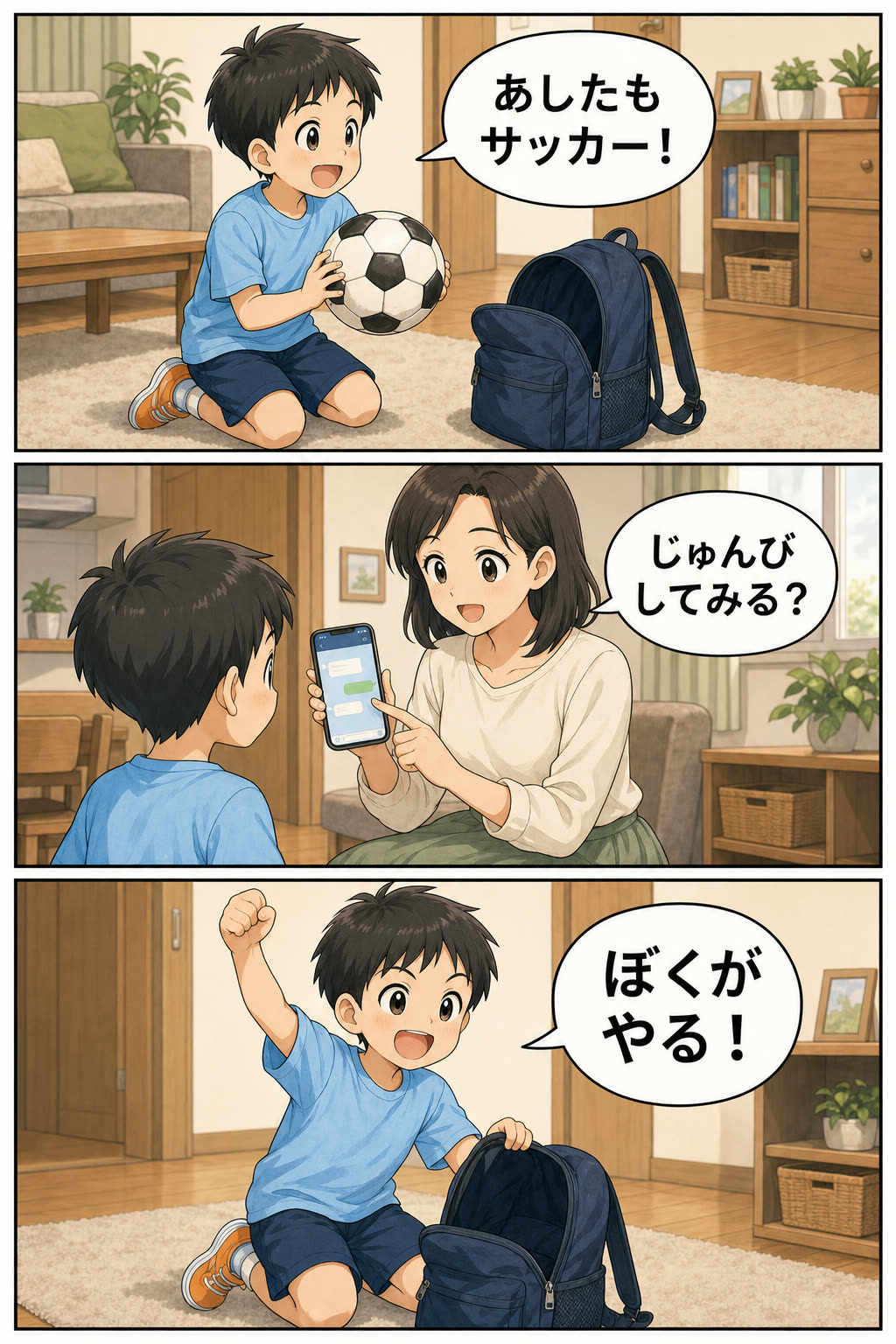 初めてのサッカー体験に向けて、子どもが母親と一緒に服装や持ち物を準備するイメージ漫画