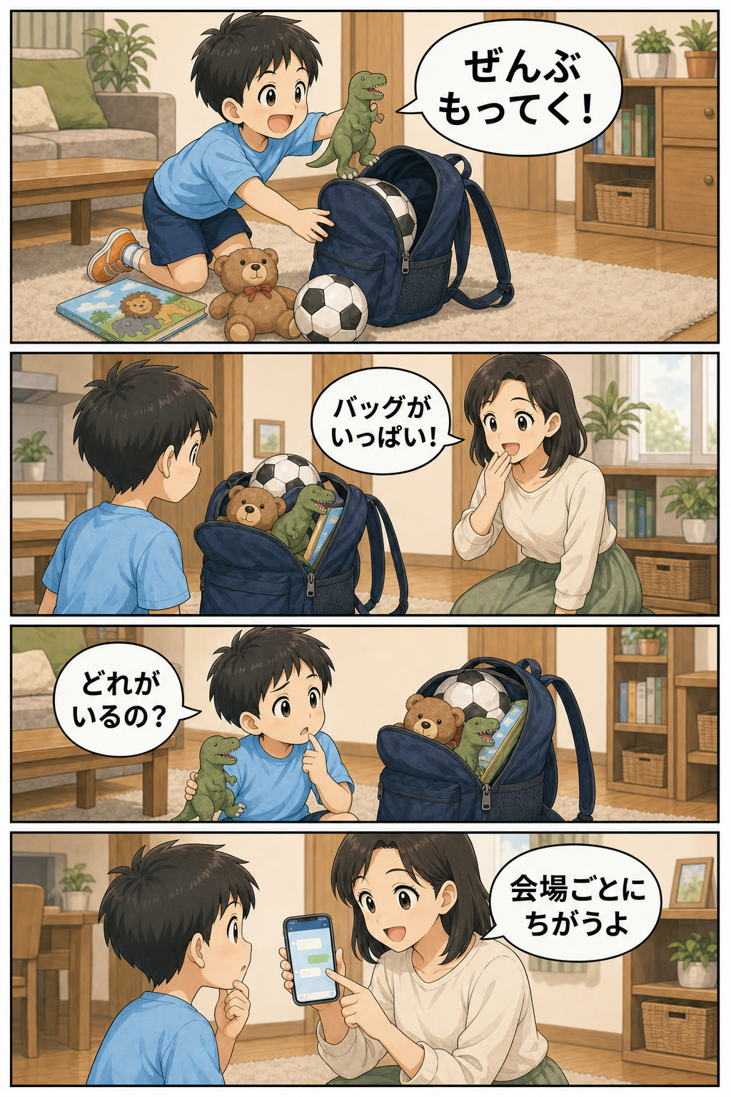 第4話2ページ目。子どもがバッグへ物を詰めすぎ、会場ごとに必要な持ち物が違うと知る場面