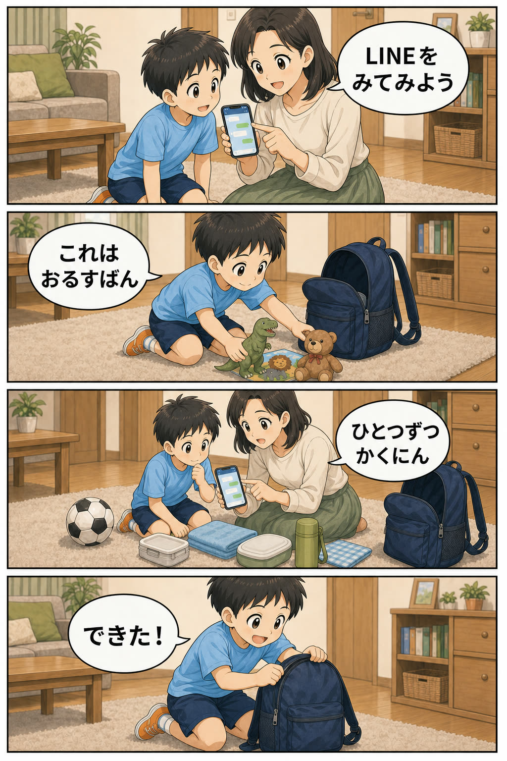 第4話3ページ目。親子でLINE案内を見ながら、持ち物を一つずつ確認する場面