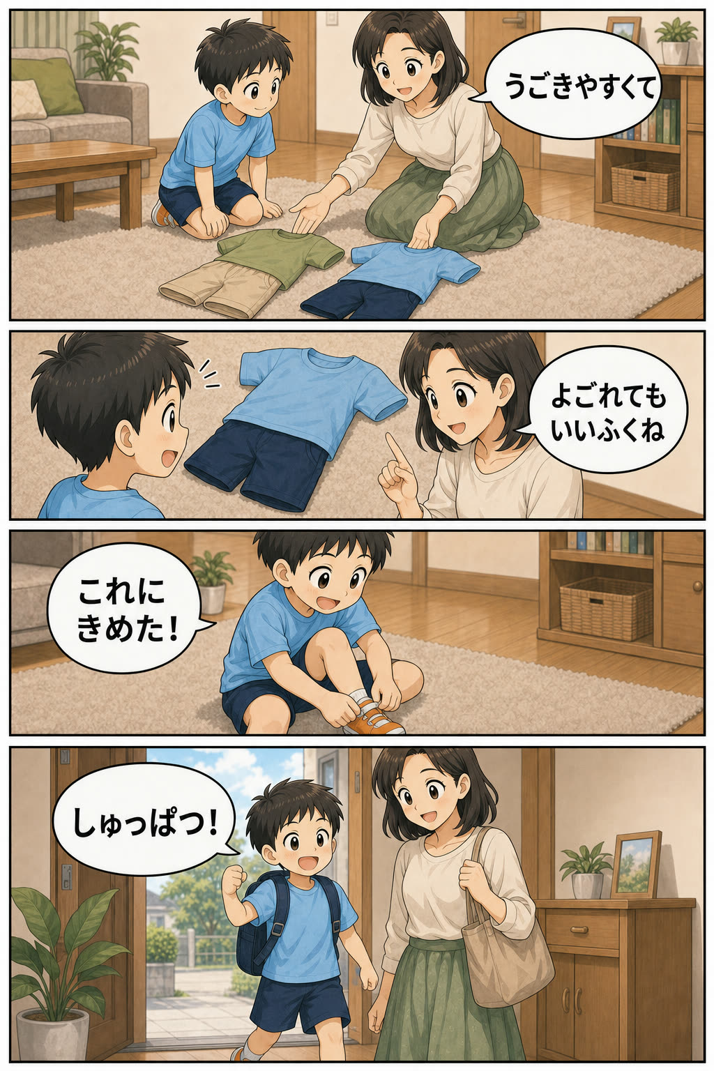 第4話4ページ目。動きやすく汚れてもよい服を選び、サッカーへ出発する場面