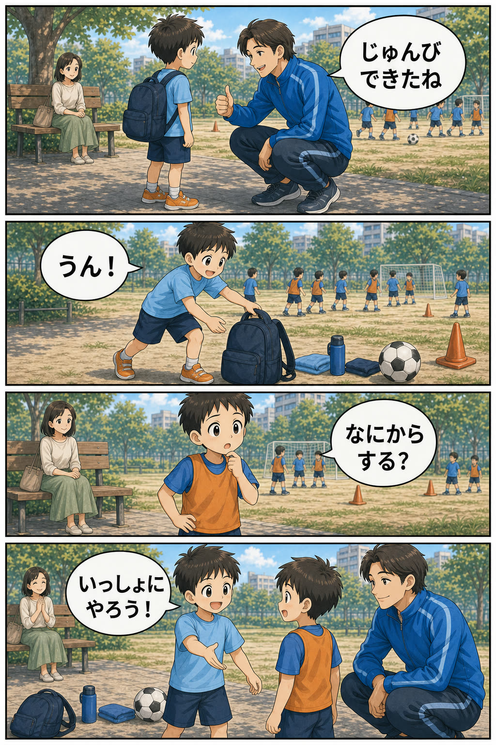 第4話5ページ目。公園に着いた子どもが、友達と一緒に活動の準備を始める場面