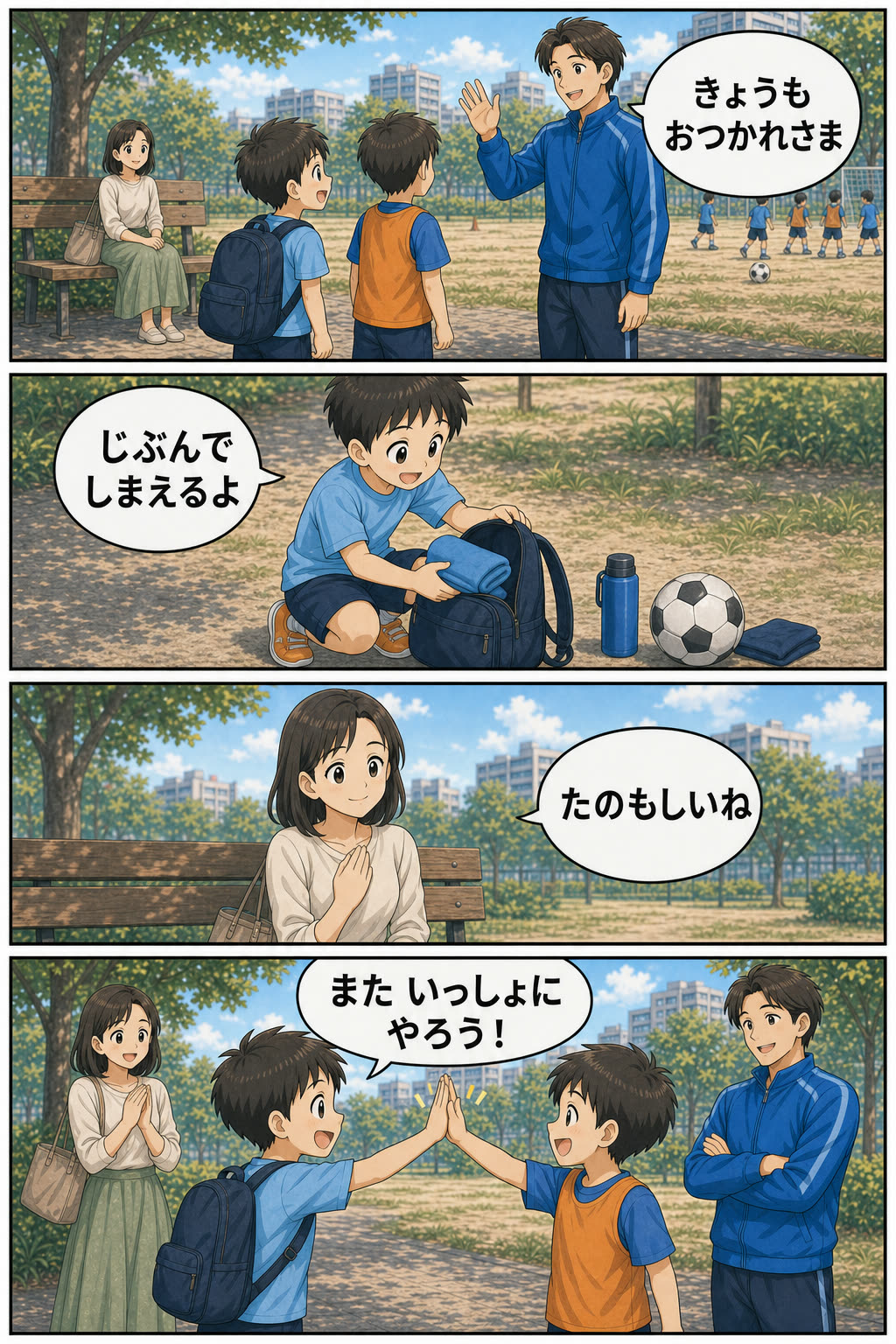 第4話6ページ目。活動後に子どもが自分で片付け、友達とまた一緒にやろうと約束する場面
