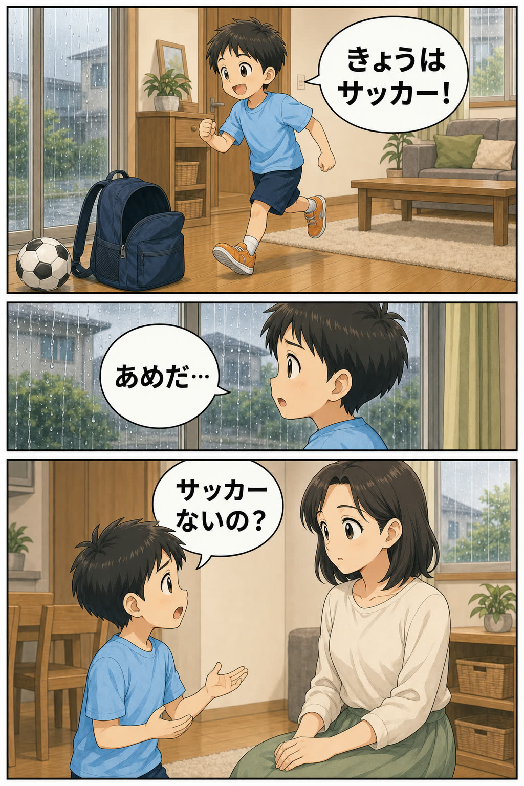 雨天時のサッカー活動について、親子でLINEの案内を確認するイメージ漫画