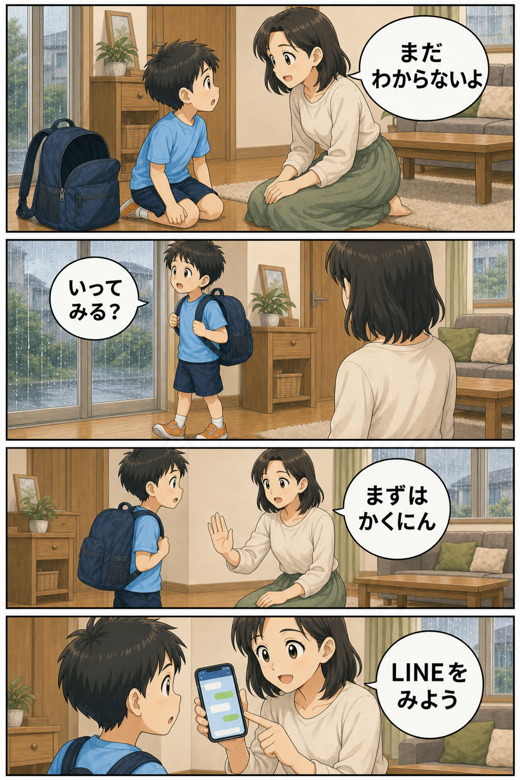 第5話2ページ目。雨でも自己判断で会場へ行かず、親子でLINEを確認する場面