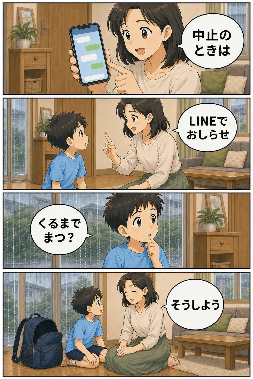 第5話3ページ目。中止の場合はLINEで案内があることを母親が伝える場面