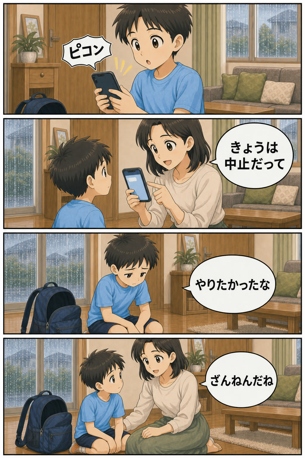 第5話4ページ目。中止の案内を確認し、サッカーをしたかった気持ちを親子で受け止める場面