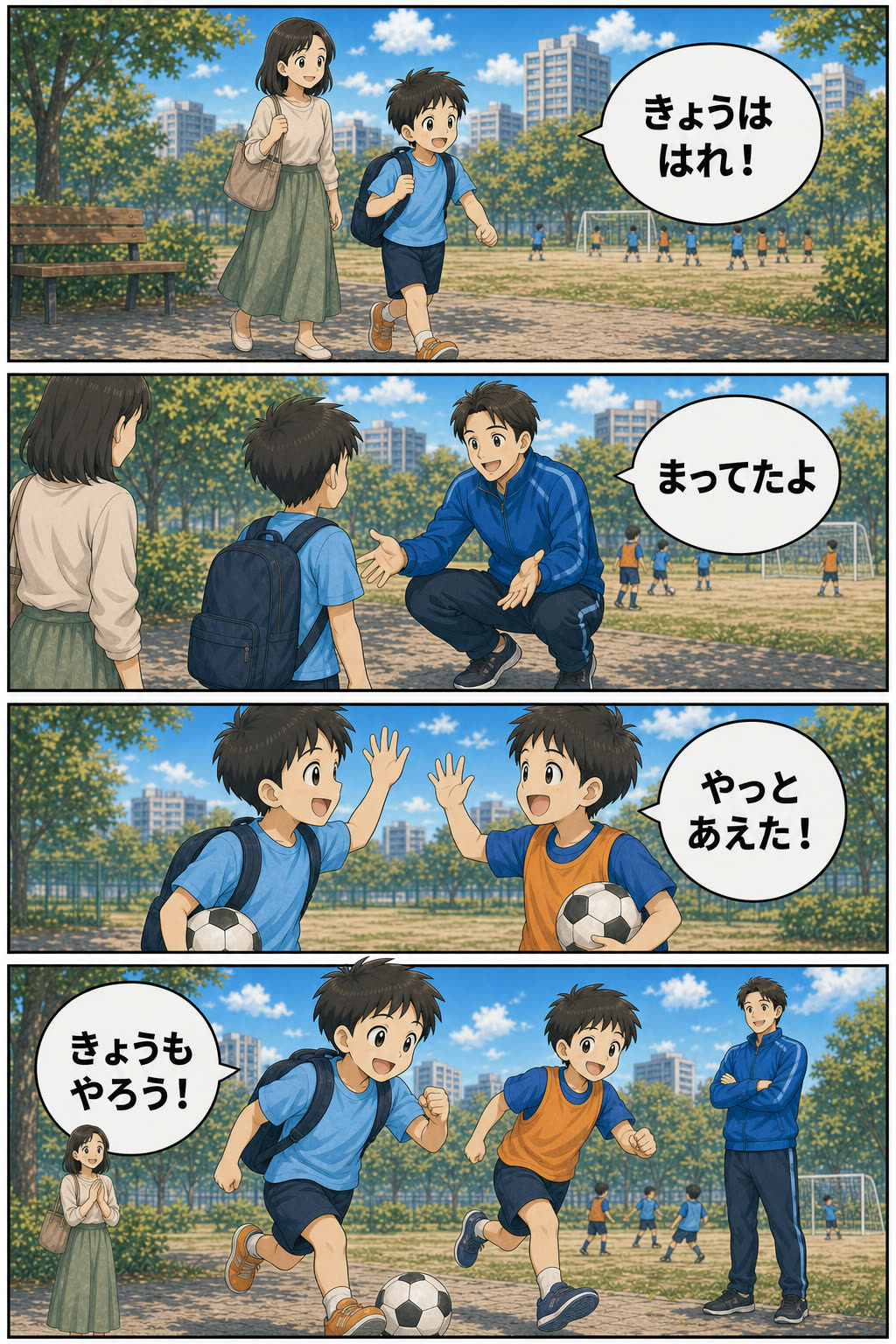第5話6ページ目。次の晴れた活動日に友達と再会し、一緒にサッカーを始める場面